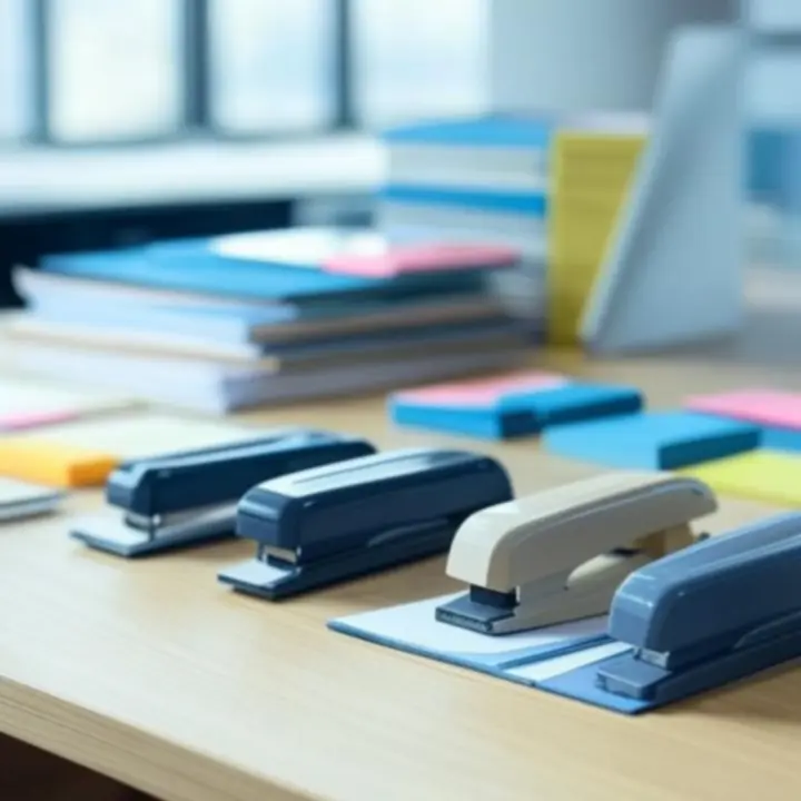 Diverse kantoorbenodigdheden zoals mappen en nietmachines