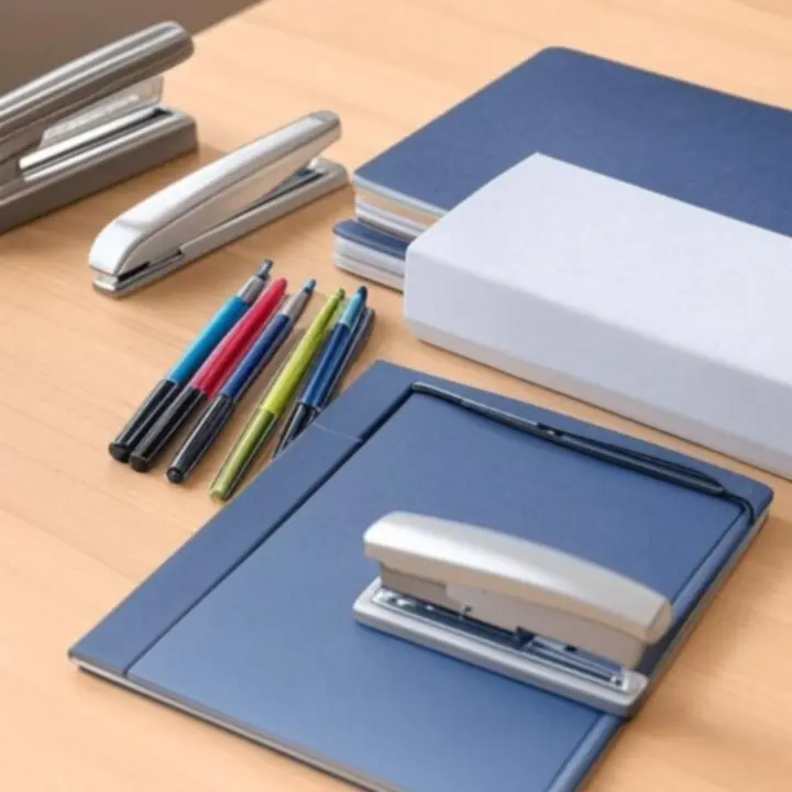 Collage van populaire stationery-artikelen zoals schriften, pennen en ordners