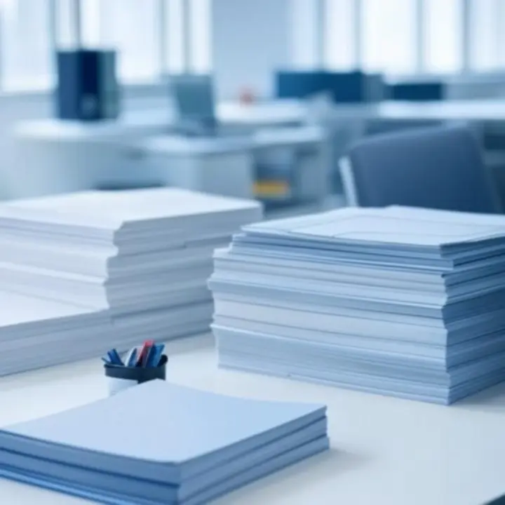 Overzicht van verschillende papiercategorieën in een moderne kantooromgeving