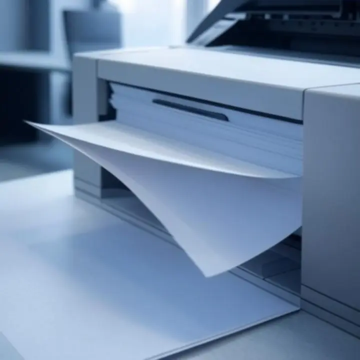 Printpapier in gebruik op een modern kantoor met printer en documenten