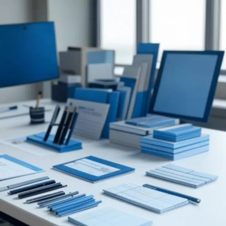 Strakke kantoorwerkplek met moderne stationery-artikelen op een bureau